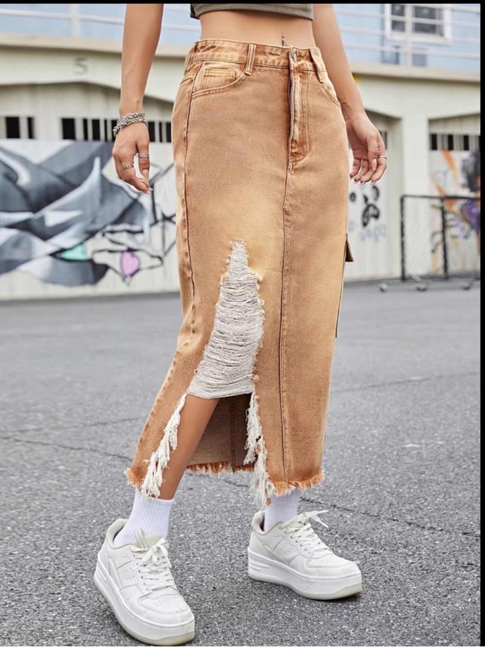 New Distressed Washed Denim Midi Skirt